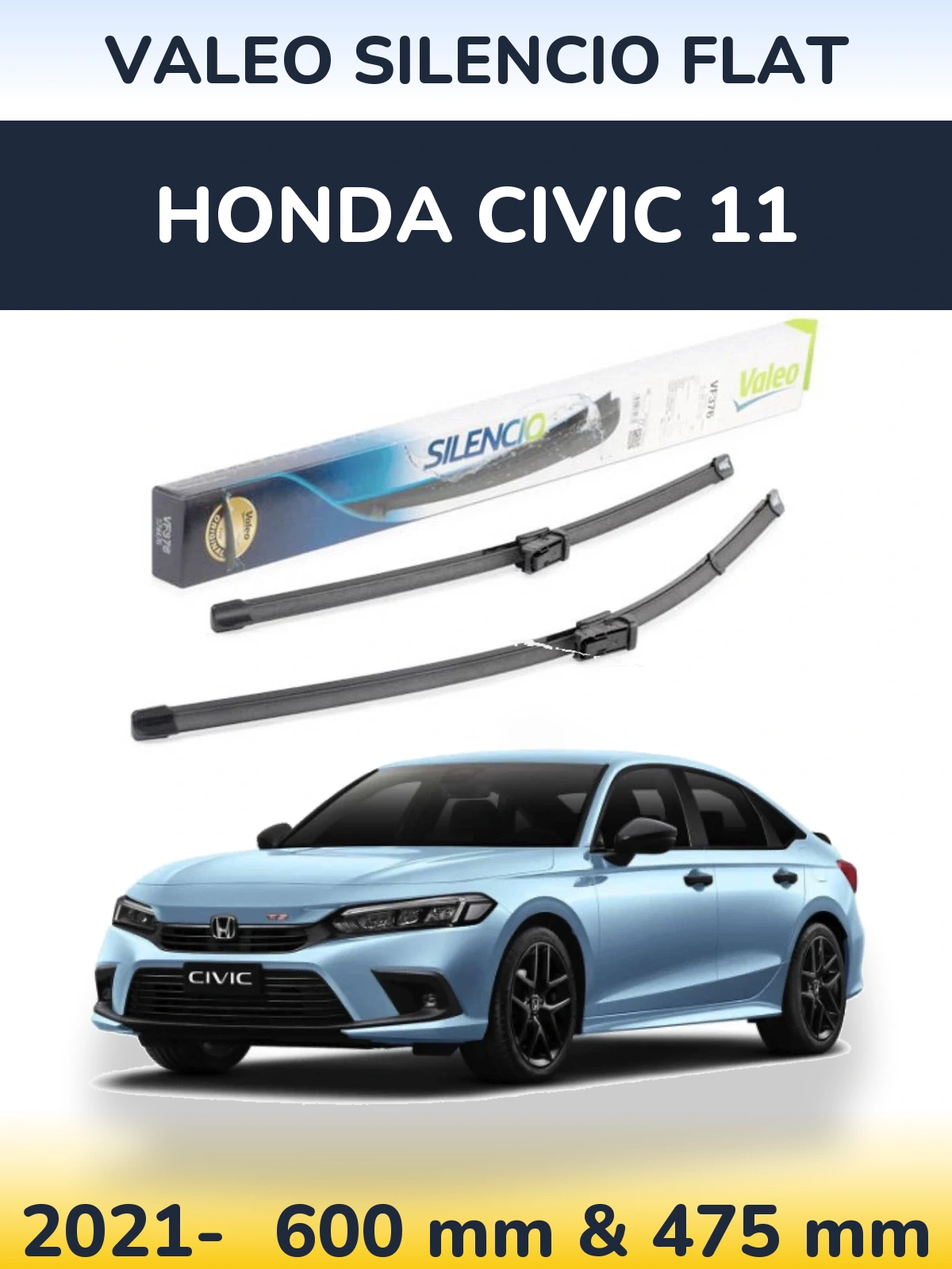 Комплект передних дворников Valeo Silencio Flat 600 & 475 мм для Honda Civic 11 2021-2026