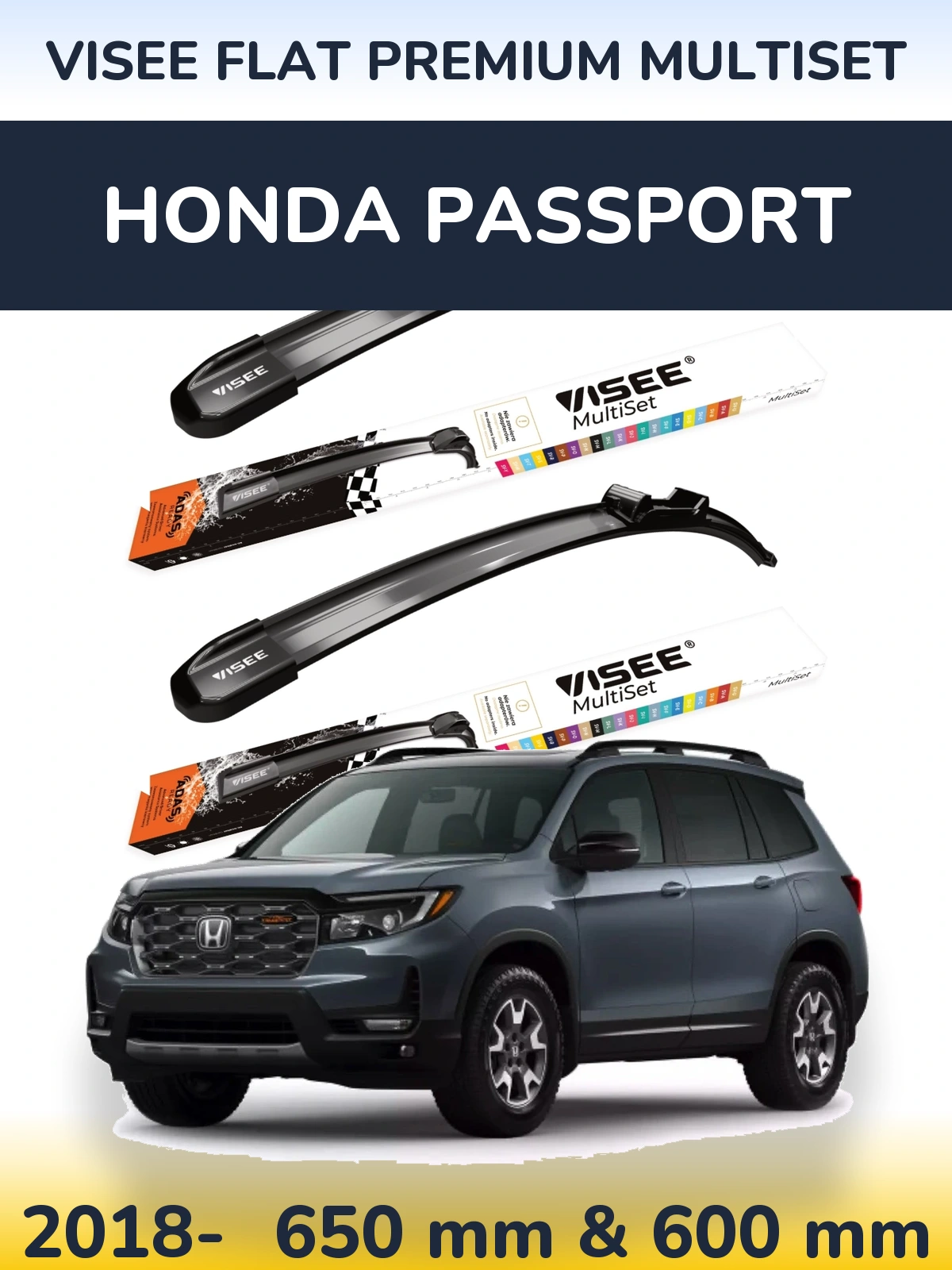 Комплект передних дворников VISEE FLAT PREMIUM MultiSet 650 & 600 мм для Honda Passport 2018-2026