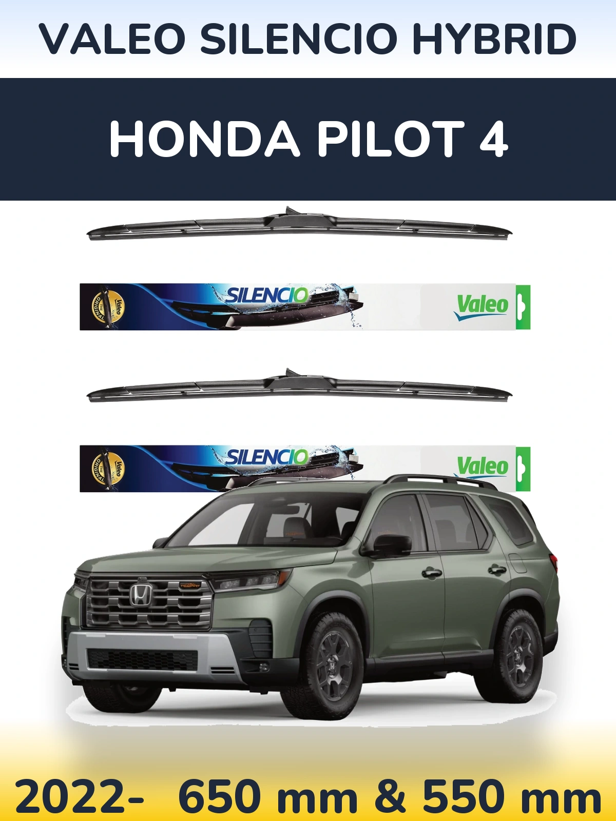 Komplet przednich wycieraczek Valeo Silencio Hybrid 650 & 550 mm do Honda Pilot 4 2022-2026