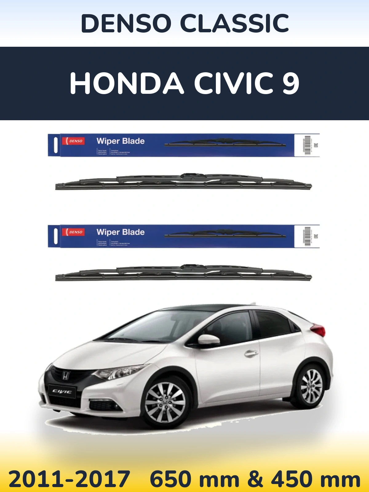 Front wiper blade set Denso Classic 650 & 450 mm for Honda Civic 9 2011-2017