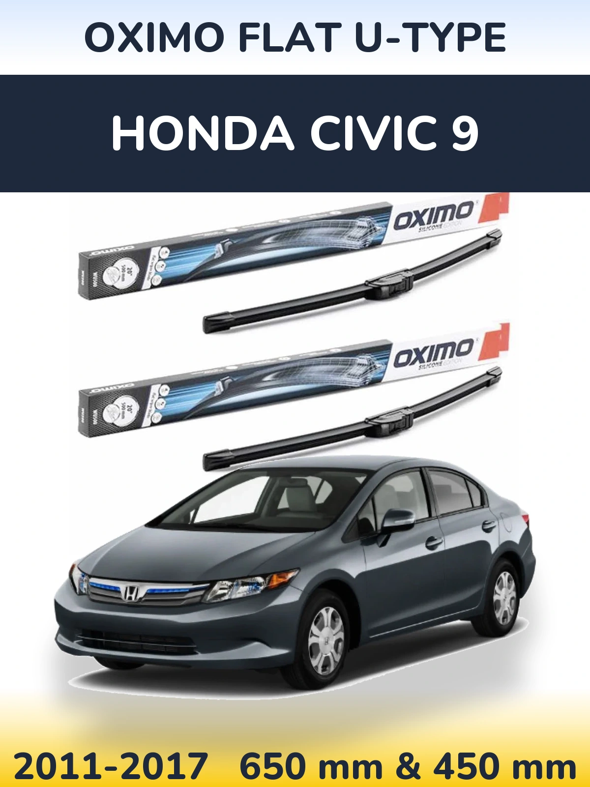 Комплект передних дворников Oximo Flat U-type 650 & 450 мм для Honda Civic 9 2011-2017