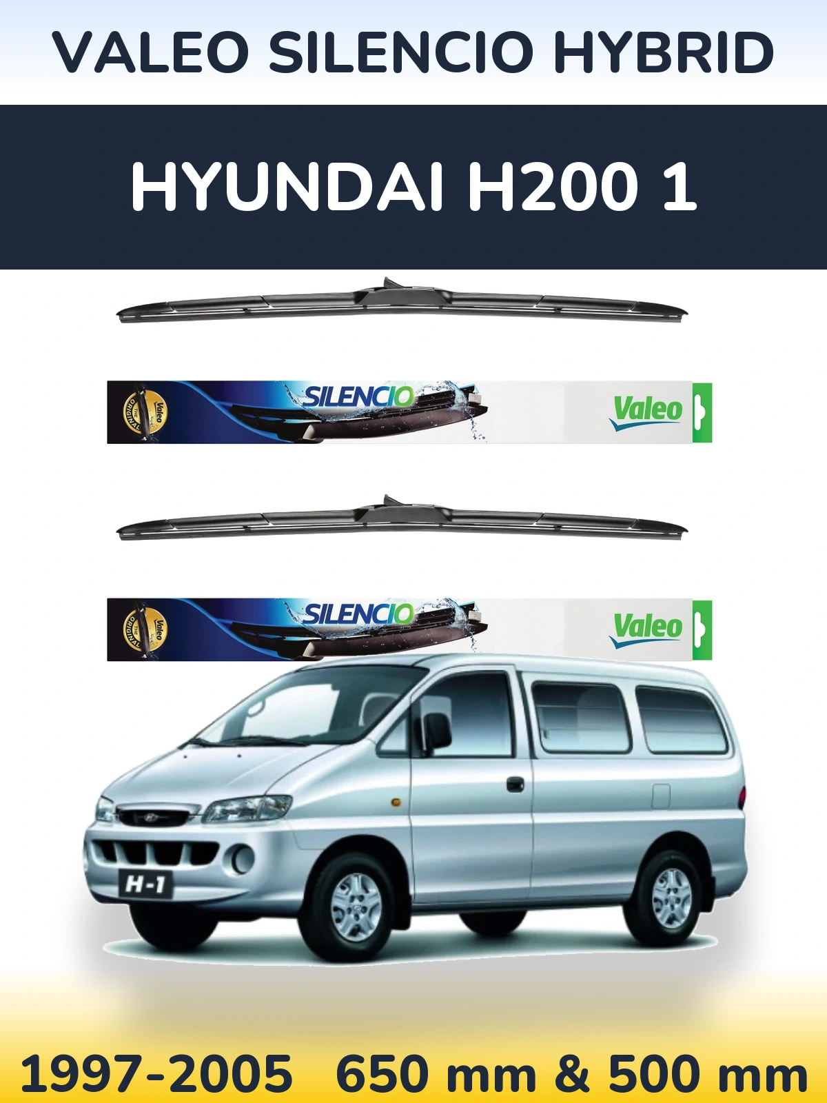 Front wiper blade set Valeo Silencio Hybrid 650 & 500 mm for Hyundai H200 1 1997-2005