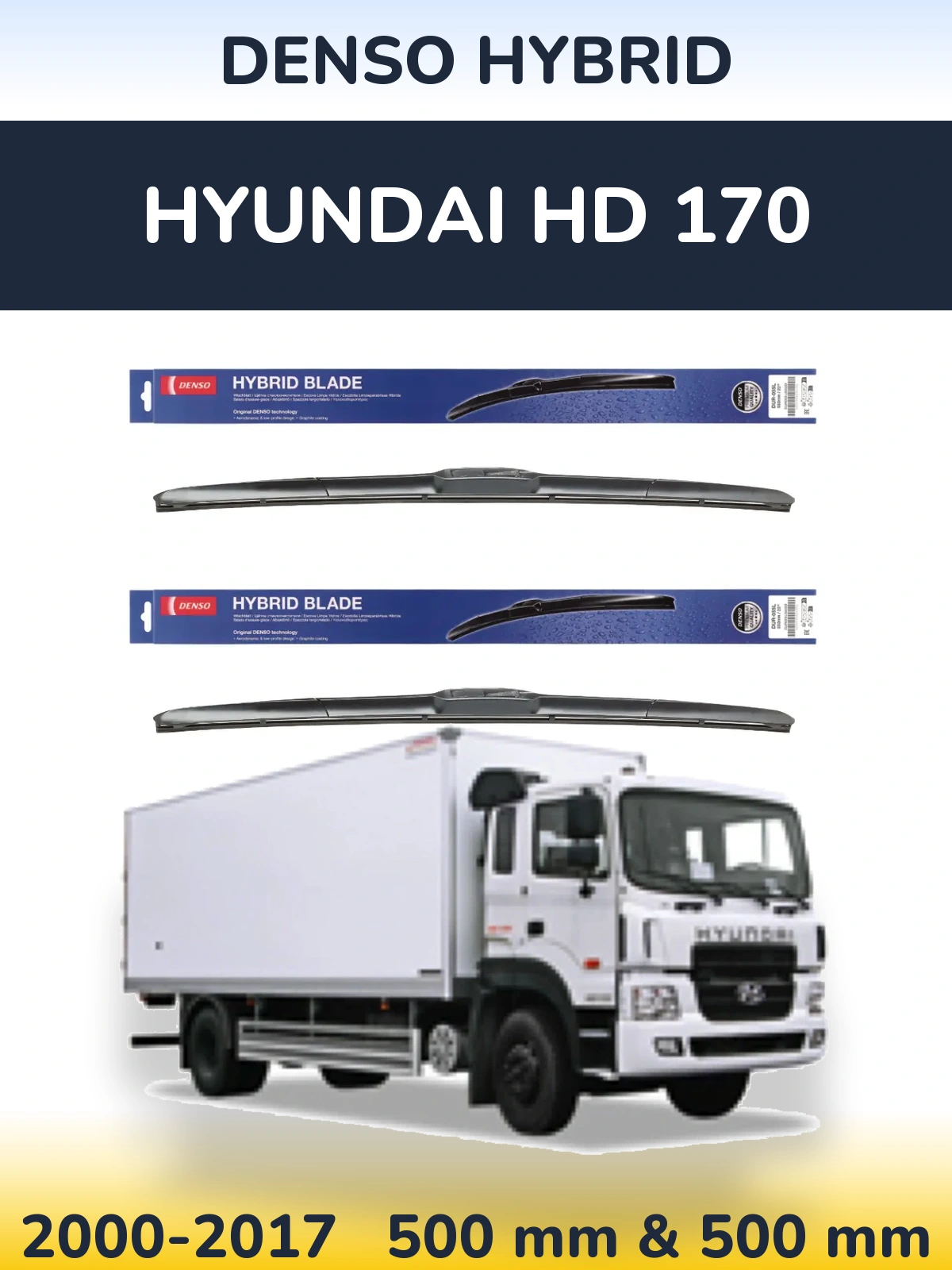 Front wiper blade set Denso Hybrid 500 & 500 mm for Hyundai HD 170 2000-2017