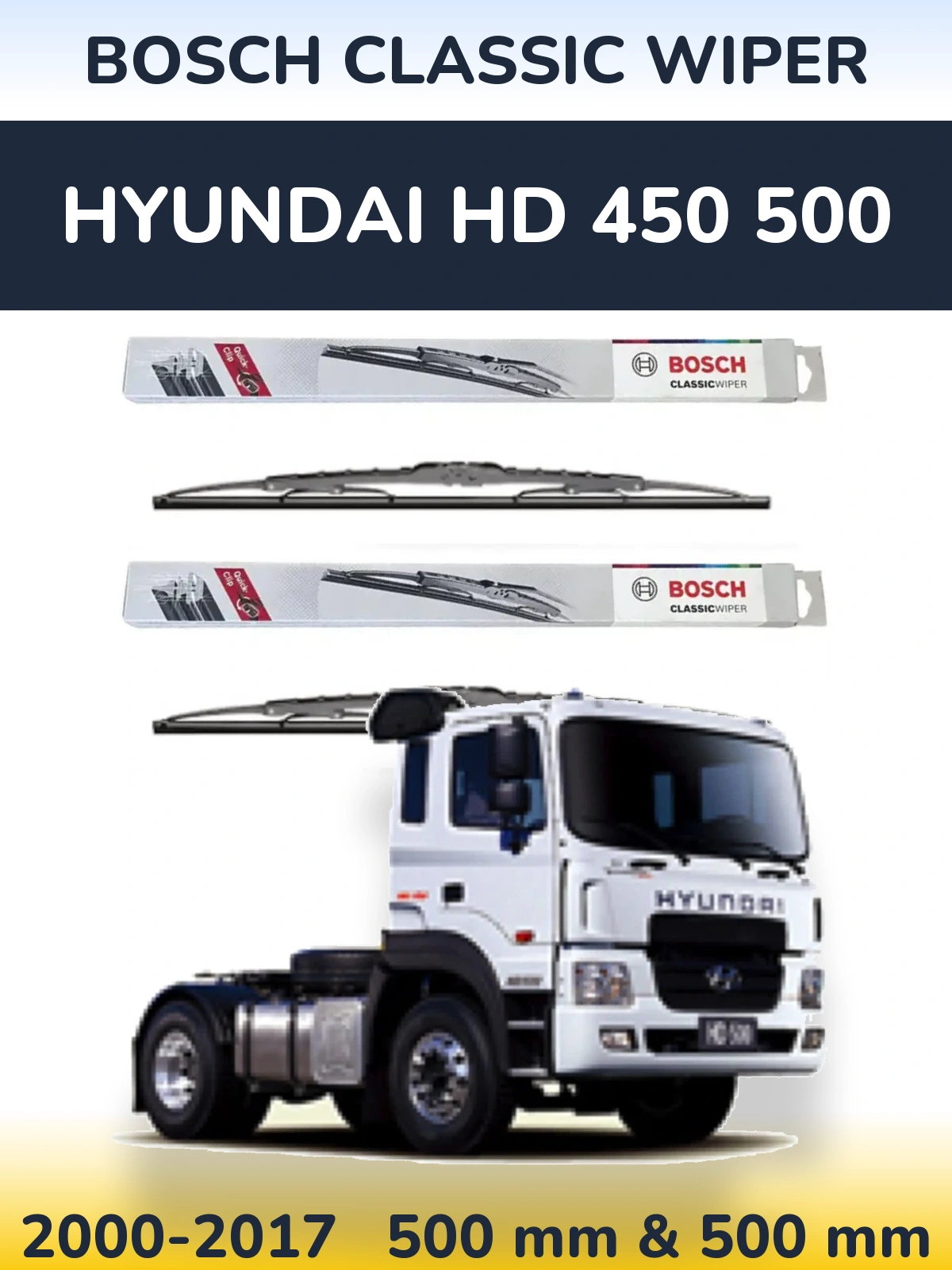 Front wiper blade set BOSCH Classic Wiper 500 & 500 mm for Hyundai HD 450 500 2000-2017
