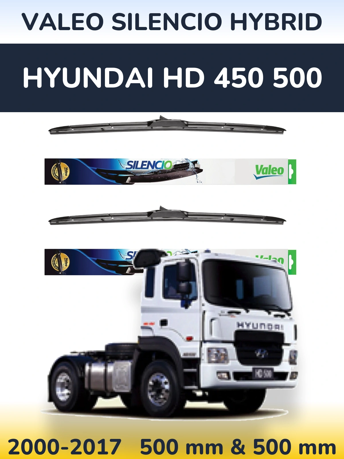 Komplet przednich wycieraczek Valeo Silencio Hybrid 500 & 500 mm do Hyundai HD 450 500 2000-2017