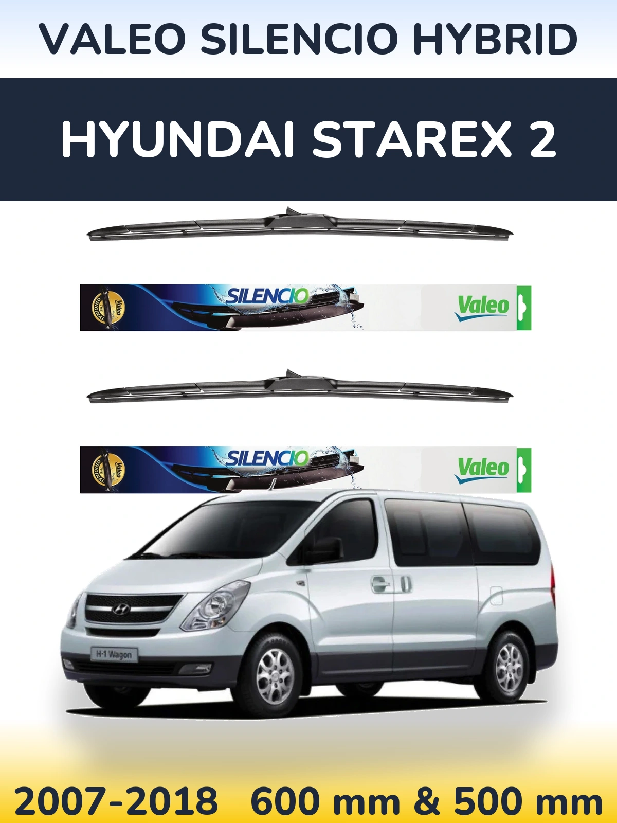 Front wiper blade set Valeo Silencio Hybrid 600 & 500 mm for Hyundai Starex 2 2007-2018