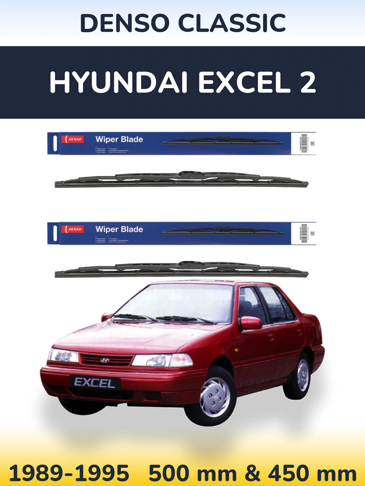 Front wiper blade set Denso Classic 500 & 450 mm for Hyundai Excel 2 1989-1995