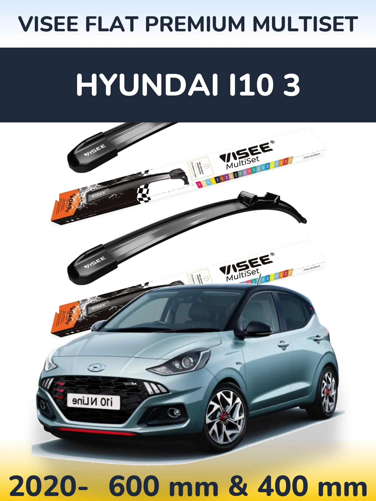 Komplet przednich wycieraczek VISEE FLAT PREMIUM MultiSet 600 & 400 mm do Hyundai i10 3 2020-2026