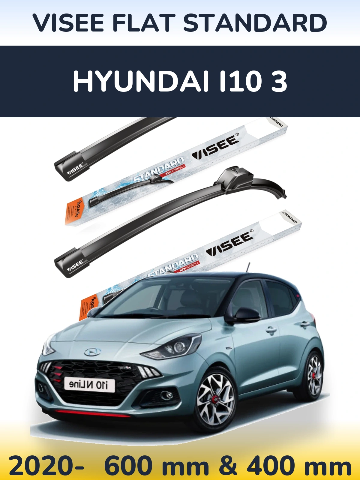 Komplet przednich wycieraczek VISEE FLAT STANDARD 600 & 400 mm do Hyundai i10 3 2020-2026