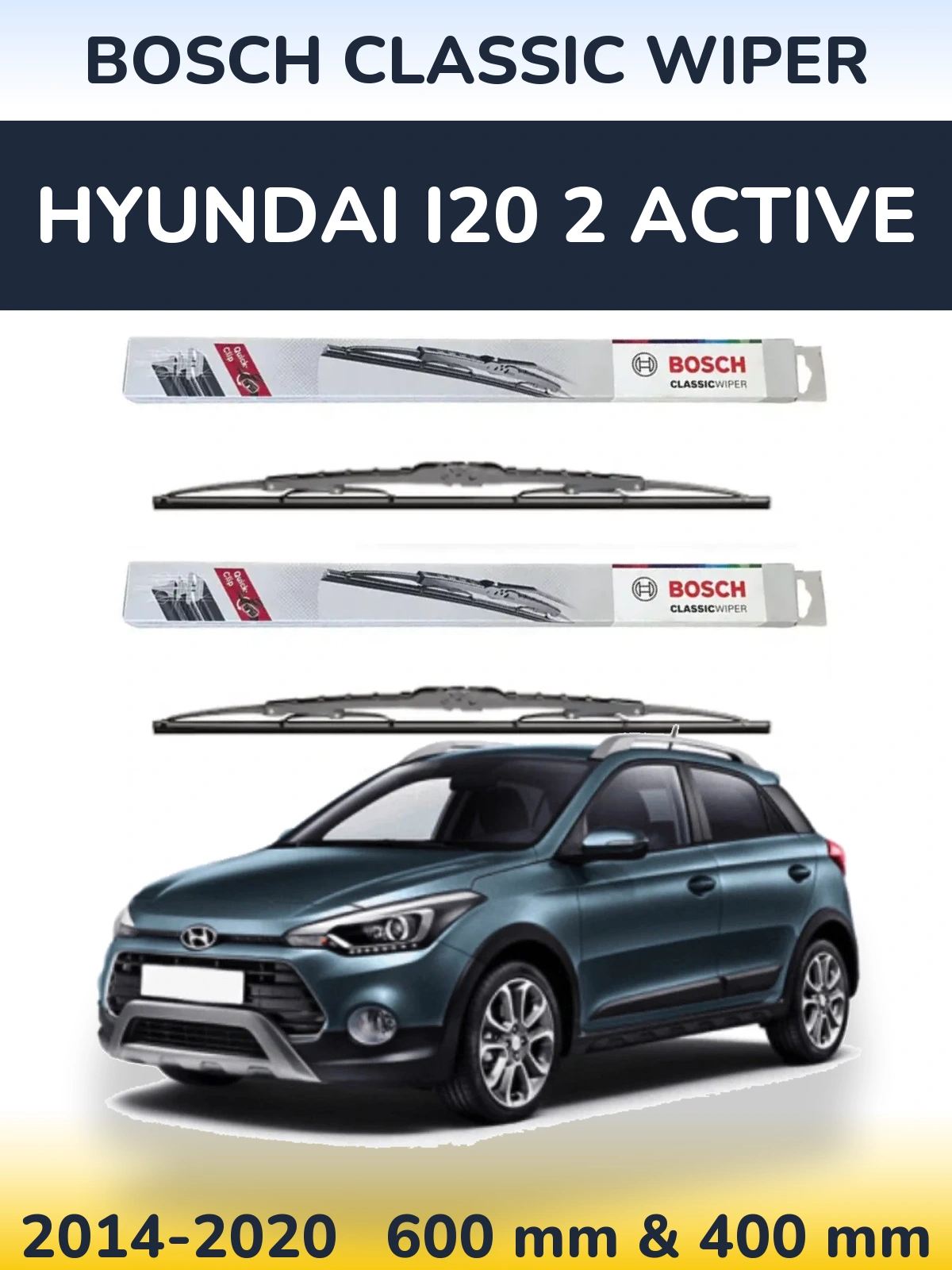 Front wiper blade set BOSCH Classic Wiper 600 & 400 mm for Hyundai i20 2 Active 2014-2020