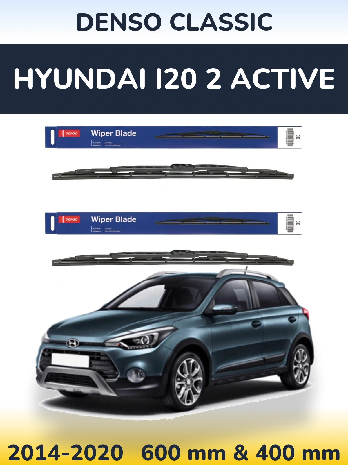 Front wiper blade set Denso Classic 600 & 400 mm for Hyundai i20 2 Active 2014-2020