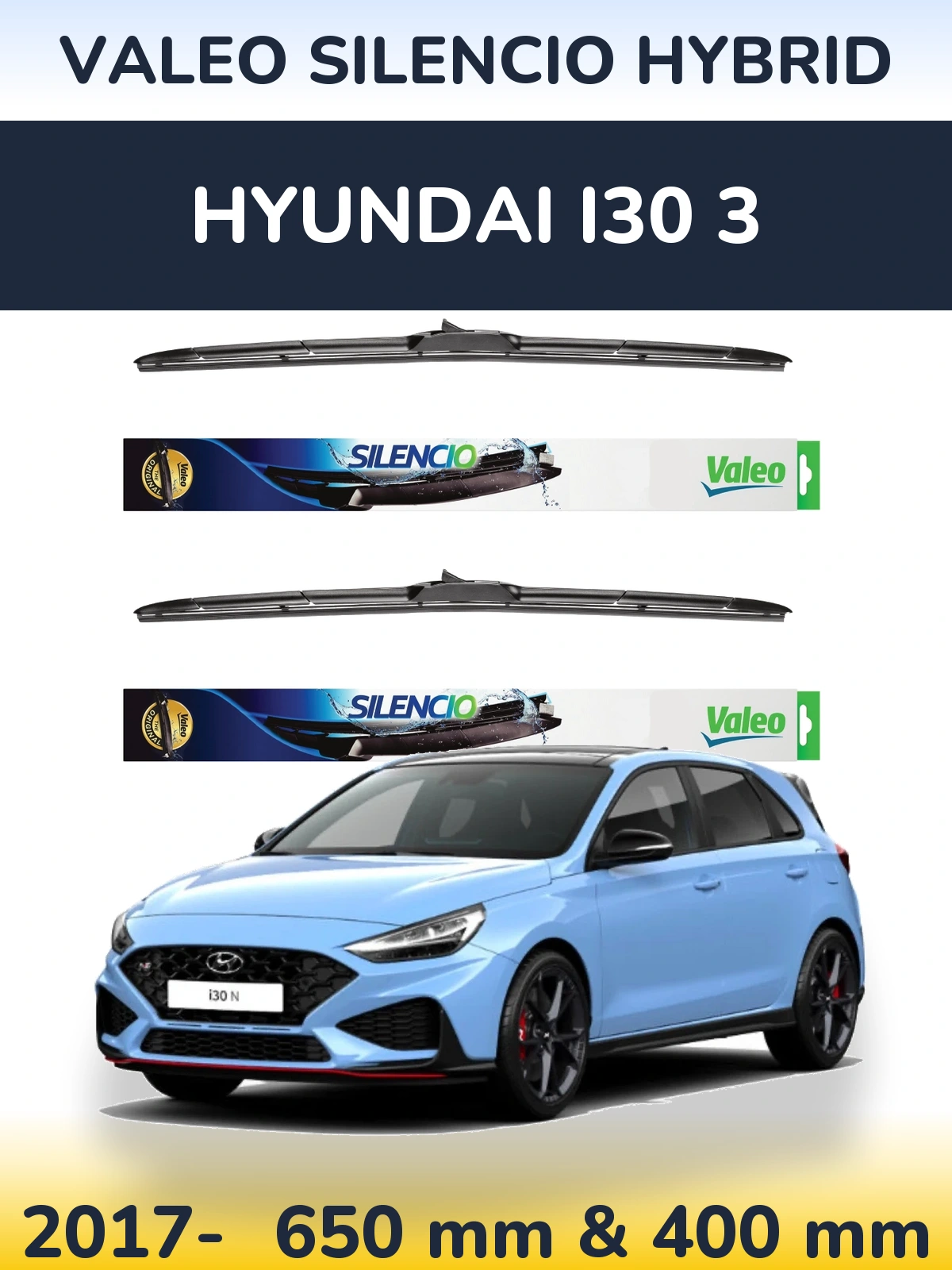 Komplet przednich wycieraczek Valeo Silencio Hybrid 650 & 400 mm do Hyundai i30 3 2017-2026