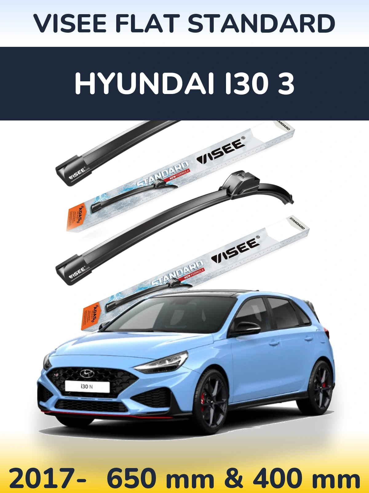 Комплект передних дворников VISEE FLAT STANDARD 650 & 400 мм для Hyundai i30 3 2017-2026