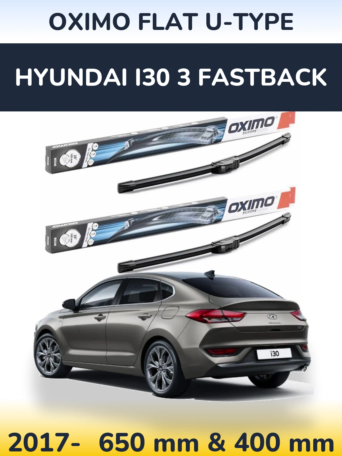 Komplet przednich wycieraczek Oximo Flat U-type 650 & 400 mm do Hyundai i30 3 Fastback 2017-2026