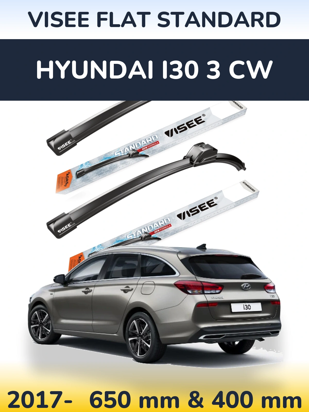 Front wiper blade set VISEE FLAT STANDARD 650 & 400 mm for Hyundai i30 3 CW 2017-2026