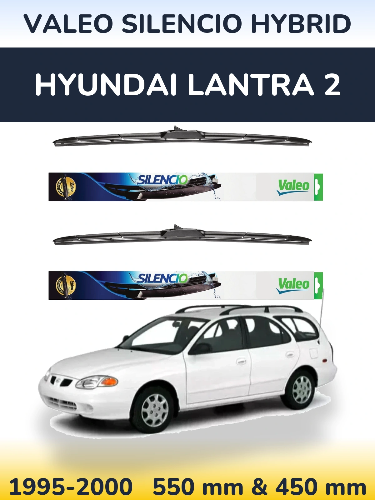 Komplet przednich wycieraczek Valeo Silencio Hybrid 550 & 450 mm do Hyundai Lantra 2 1995-2000