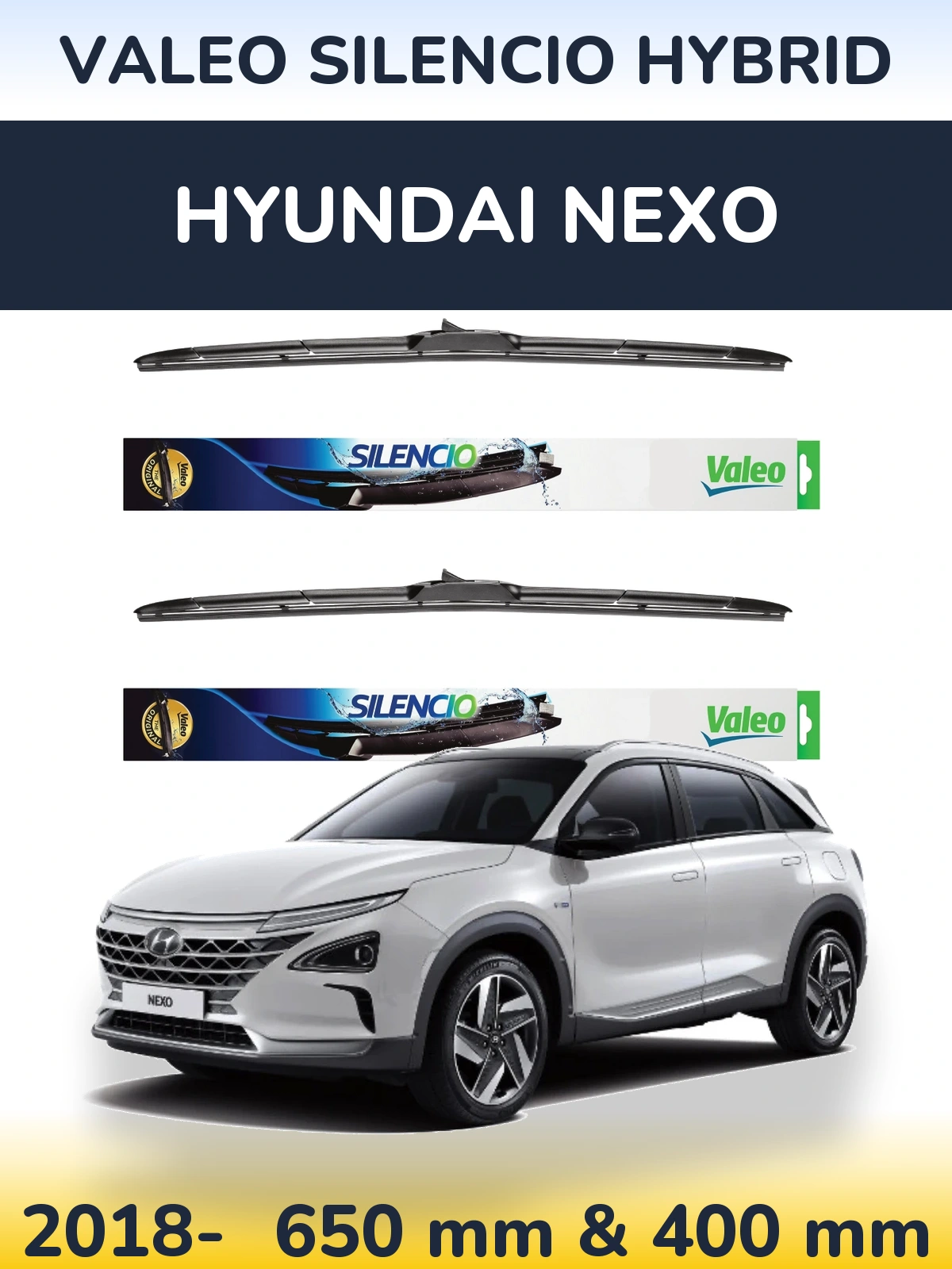 Front wiper blade set Valeo Silencio Hybrid 650 & 400 mm for Hyundai Nexo 2018-2026
