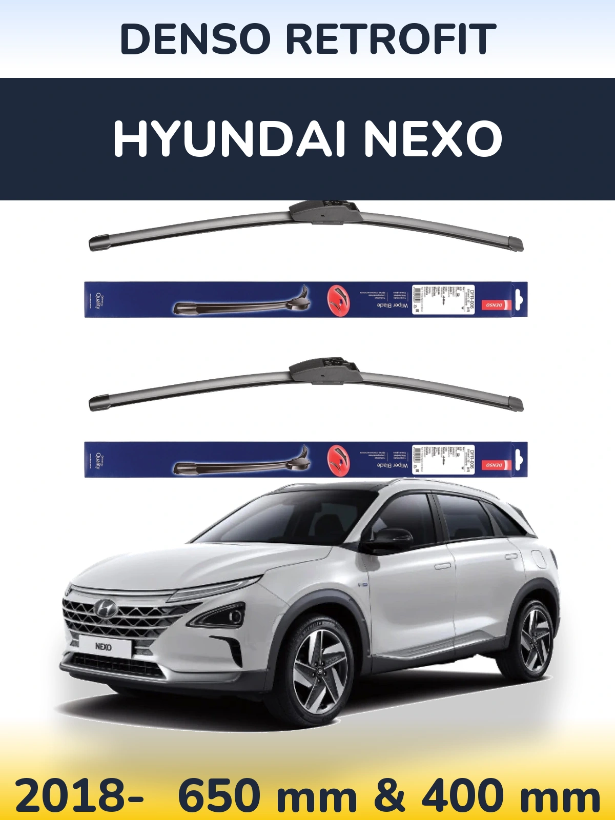 Front wiper blade set Denso Retrofit 650 & 400 mm for Hyundai Nexo 2018-2026