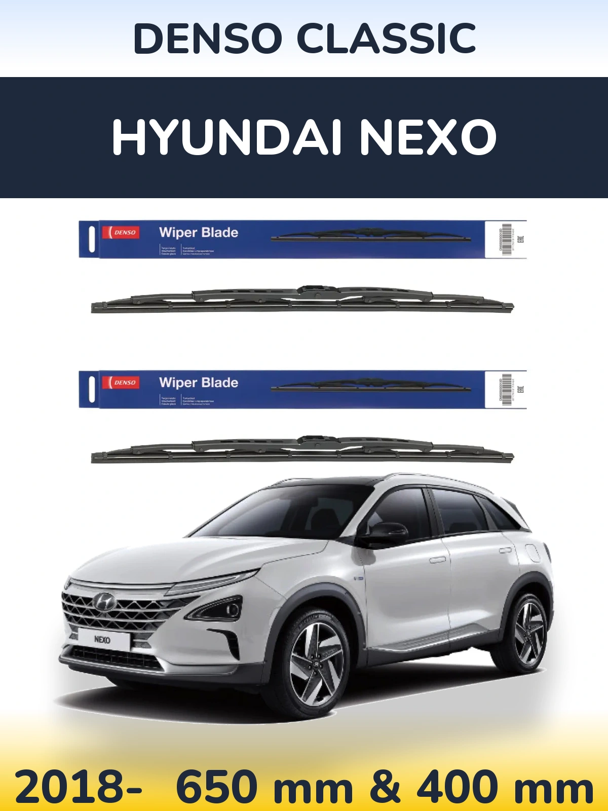 Front wiper blade set Denso Classic 650 & 400 mm for Hyundai Nexo 2018-2026