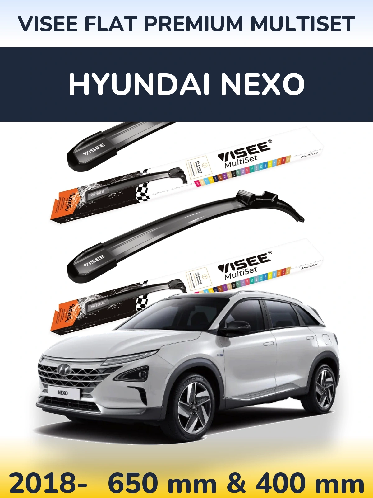 Комплект передних дворников VISEE FLAT PREMIUM MultiSet 650 & 400 мм для Hyundai Nexo 2018-2026