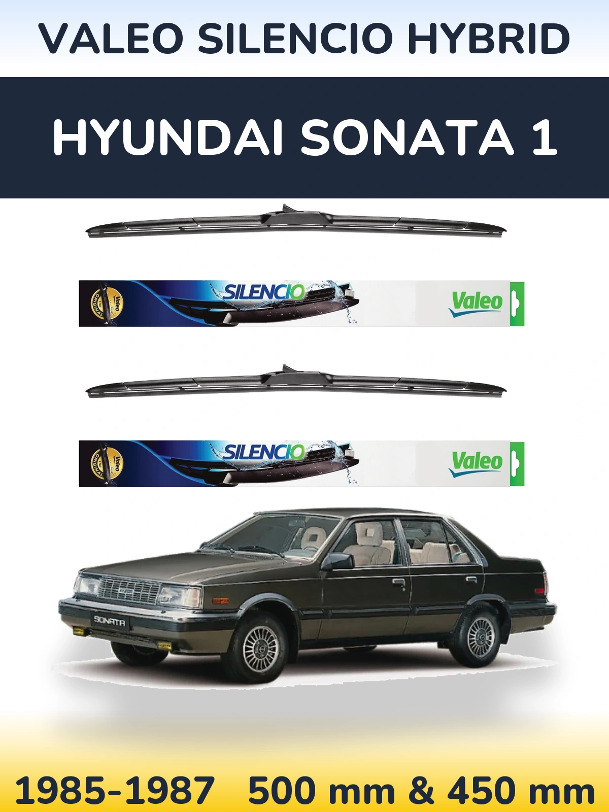 Front wiper blade set Valeo Silencio Hybrid 500 & 450 mm for Hyundai Sonata 1 1985-1987