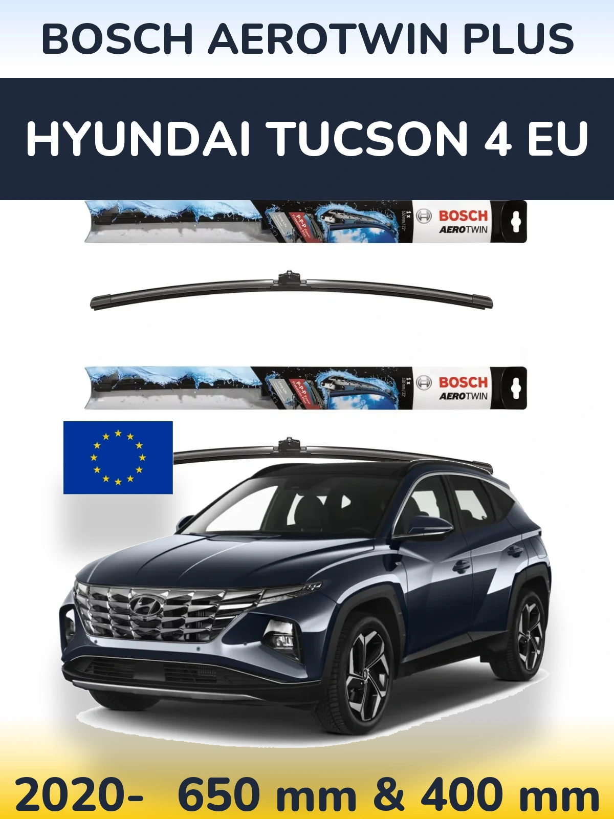 Komplet przednich wycieraczek BOSCH AeroTwin Plus 650 & 400 mm do Hyundai Tucson 4 EU 2020-2026