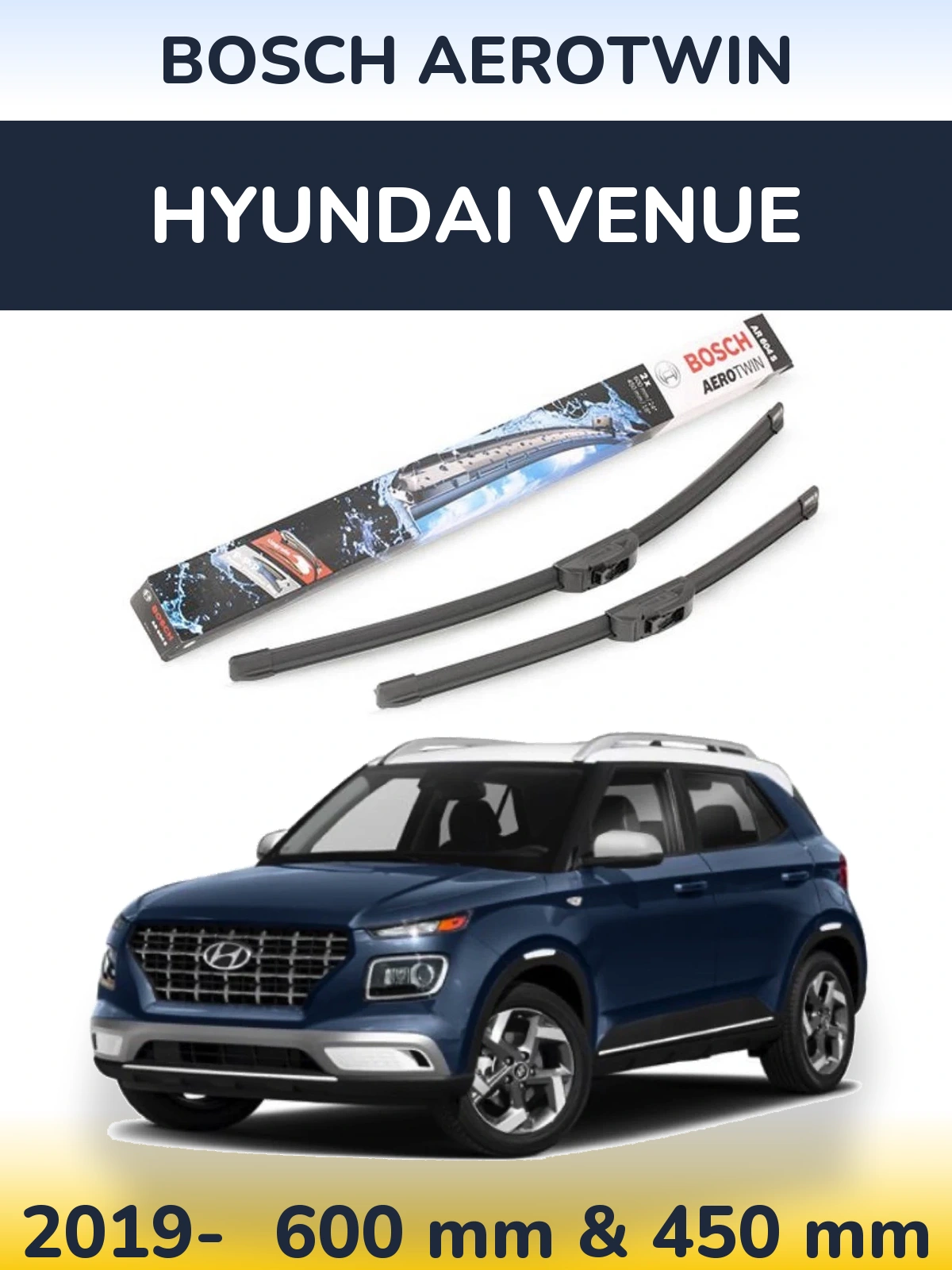 Комплект передних дворников BOSCH AeroTwin 600 & 450 мм для Hyundai Venue 2019-2026