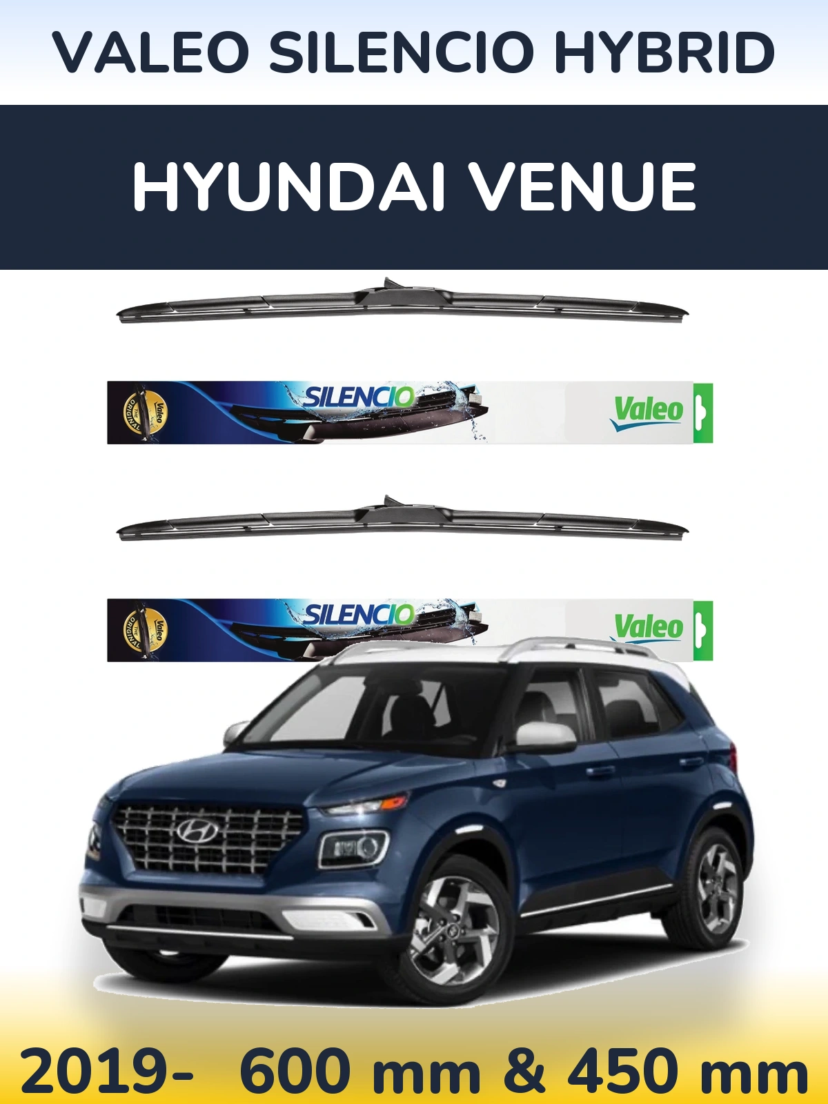 Komplet przednich wycieraczek Valeo Silencio Hybrid 600 & 450 mm do Hyundai Venue 2019-2026