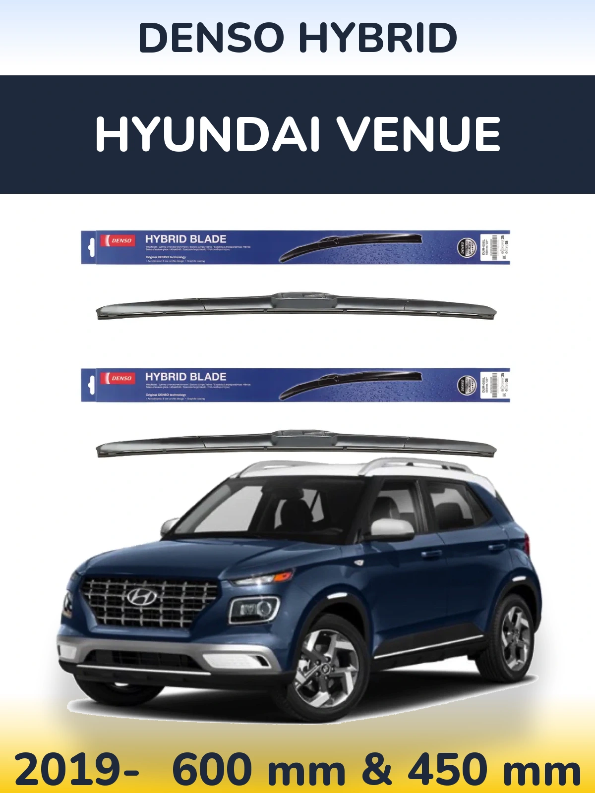 Комплект передних дворников Denso Hybrid 600 & 450 мм для Hyundai Venue 2019-2026