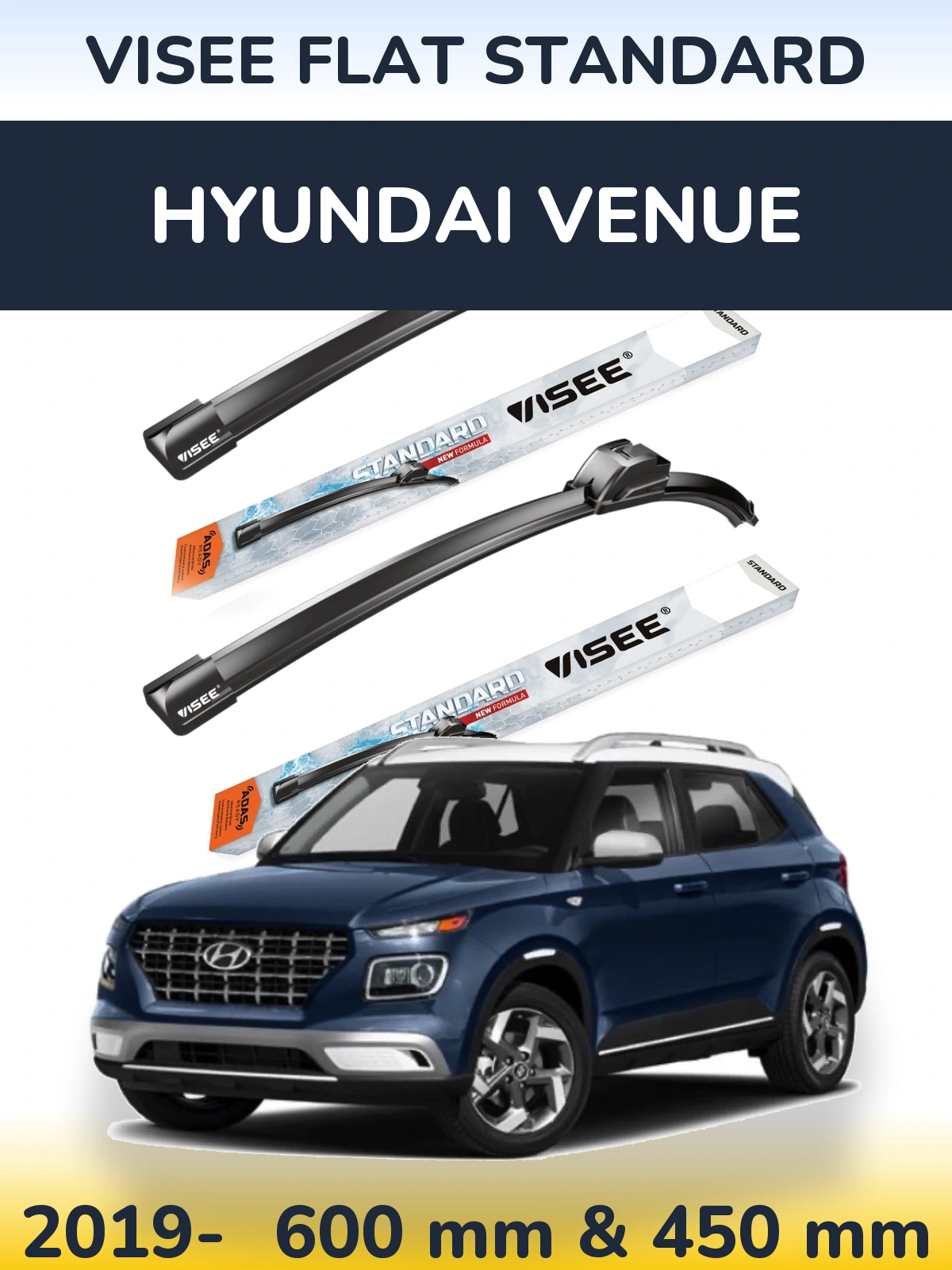 Комплект передних дворников VISEE FLAT STANDARD 600 & 450 мм для Hyundai Venue 2019-2026
