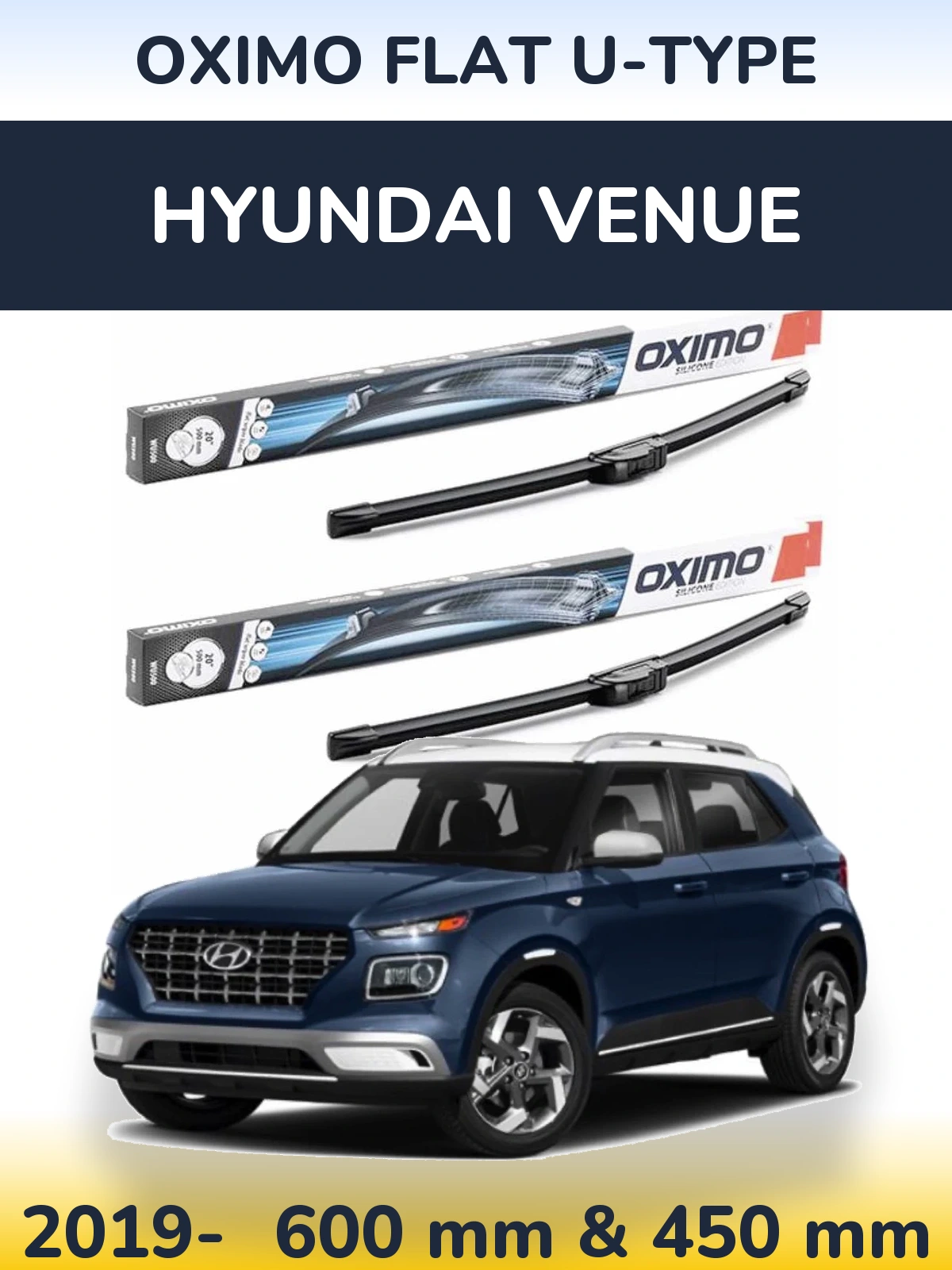 Комплект передних дворников Oximo Flat U-type 600 & 450 мм для Hyundai Venue 2019-2026