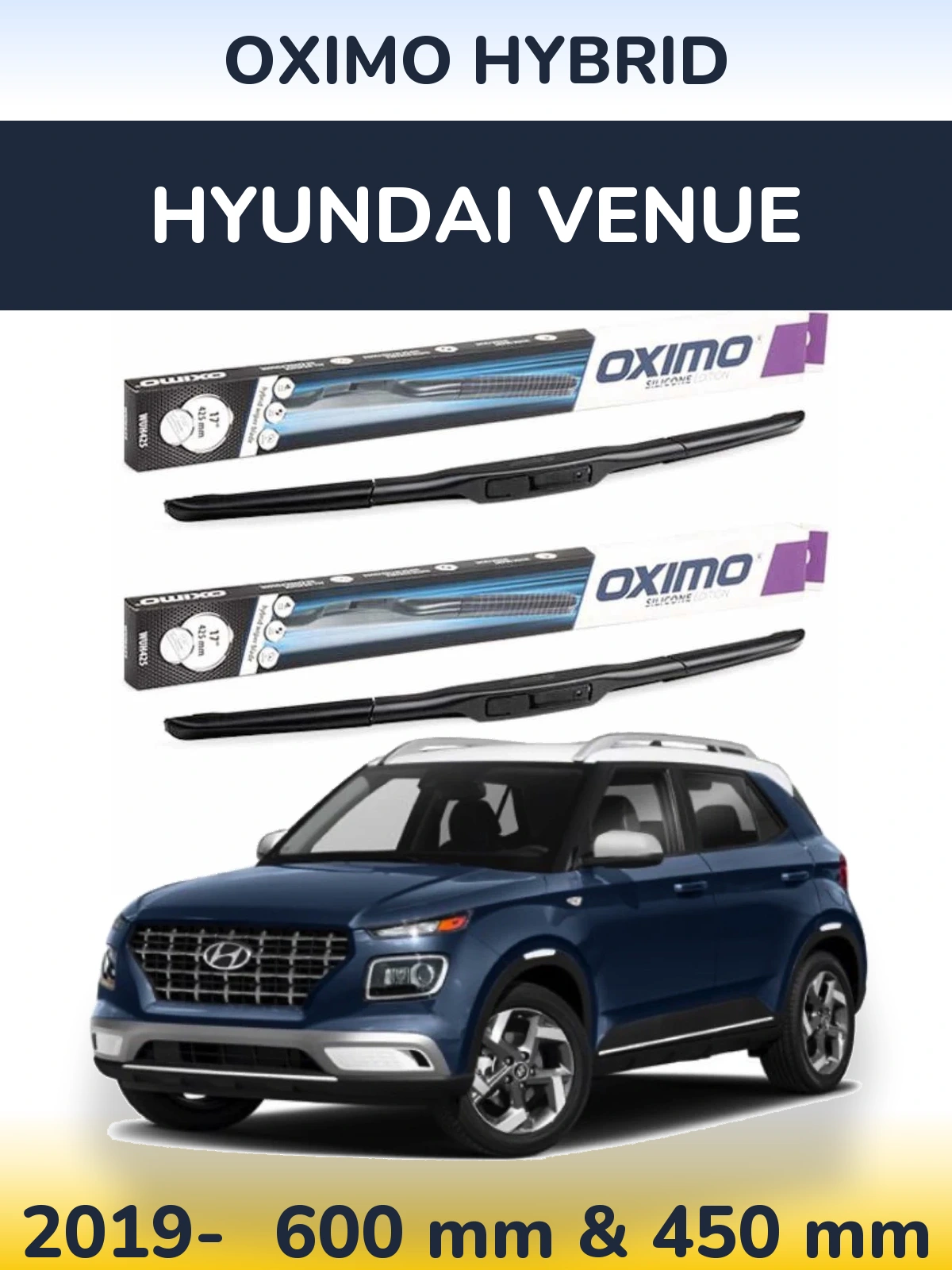 Комплект передних дворников Oximo Hybrid 600 & 450 мм для Hyundai Venue 2019-2026