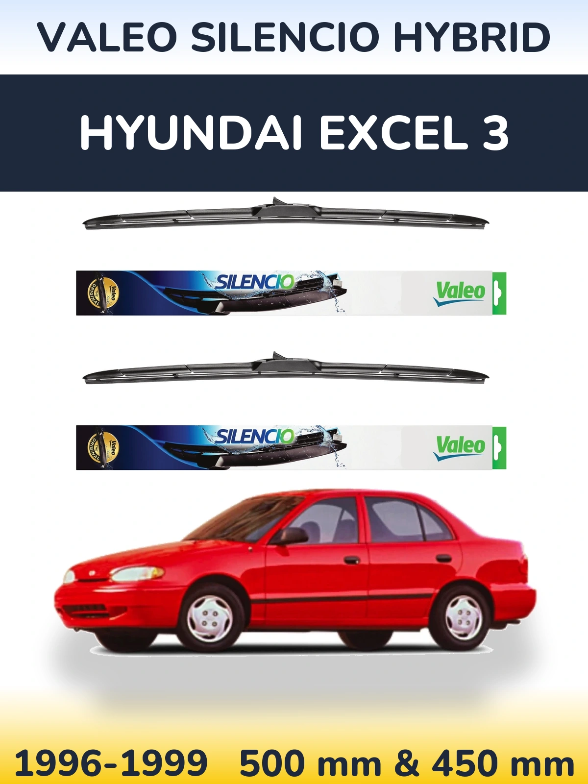 Komplet przednich wycieraczek Valeo Silencio Hybrid 500 & 450 mm do Hyundai Excel 3 1996-1999