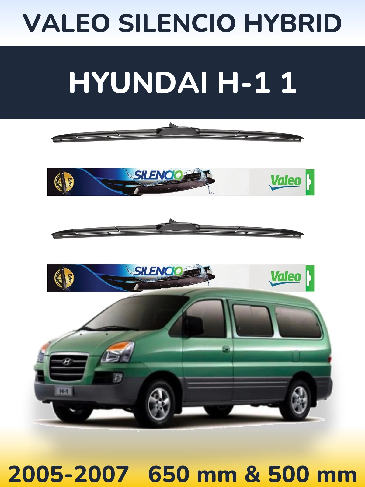 Komplet przednich wycieraczek Valeo Silencio Hybrid 650 & 500 mm do Hyundai H-1 1 2005-2007