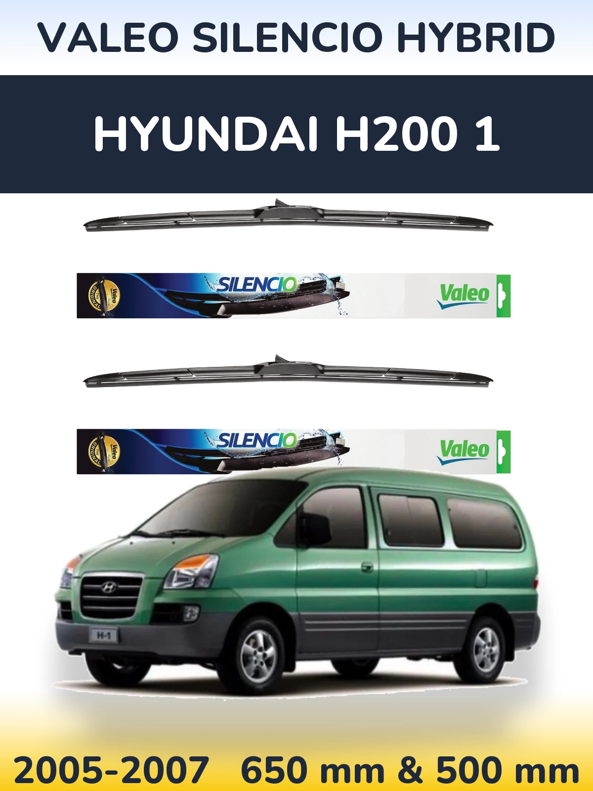 Komplet przednich wycieraczek Valeo Silencio Hybrid 650 & 500 mm do Hyundai H200 1 2005-2007