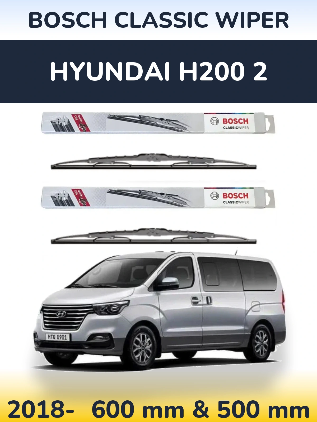 Комплект передних дворников BOSCH Classic Wiper 600 & 500 мм для Hyundai H200 2 2018-2026