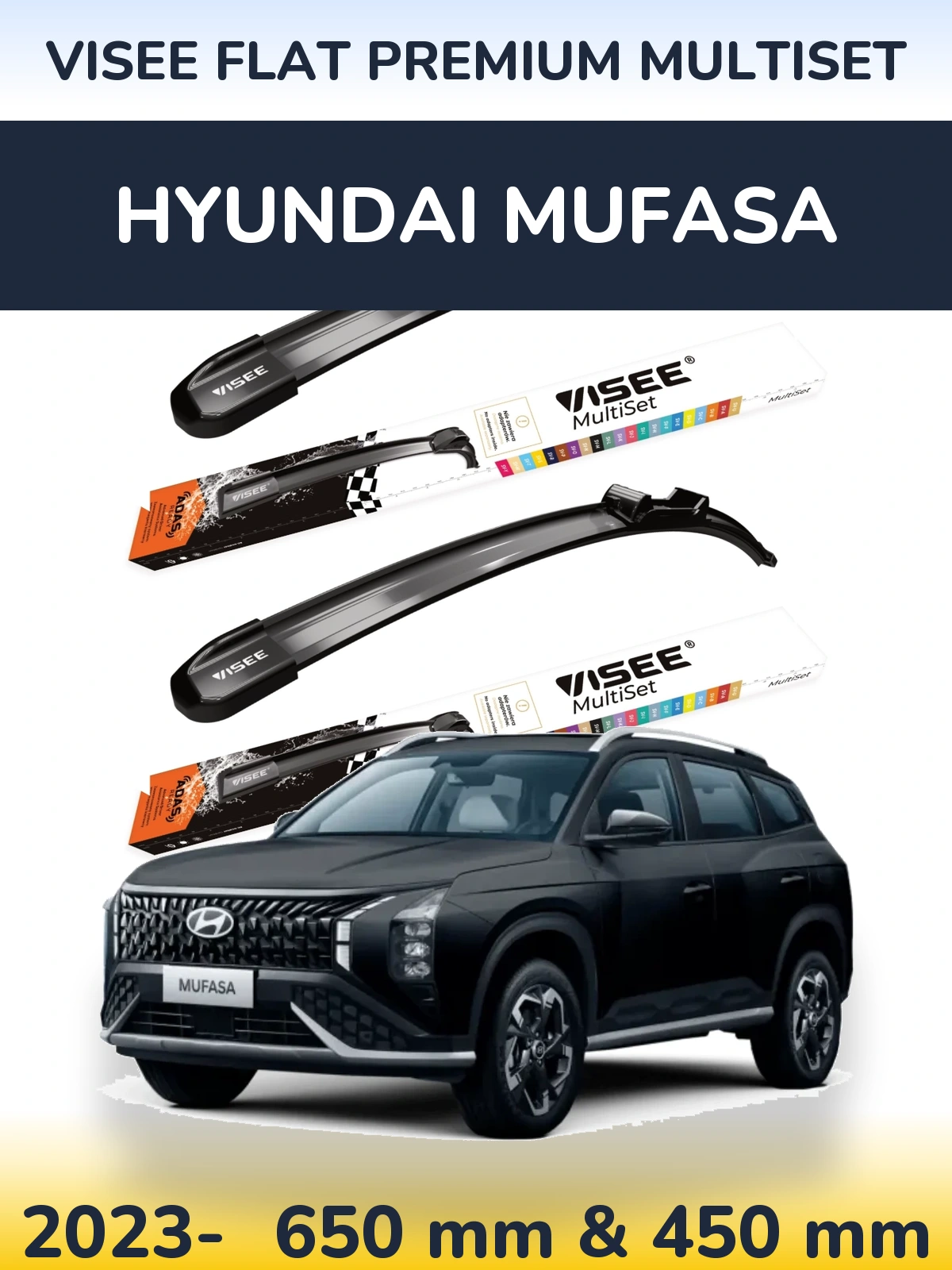 Front wiper blade set VISEE FLAT PREMIUM MultiSet 650 & 450 mm for Hyundai Mufasa 2023-2026