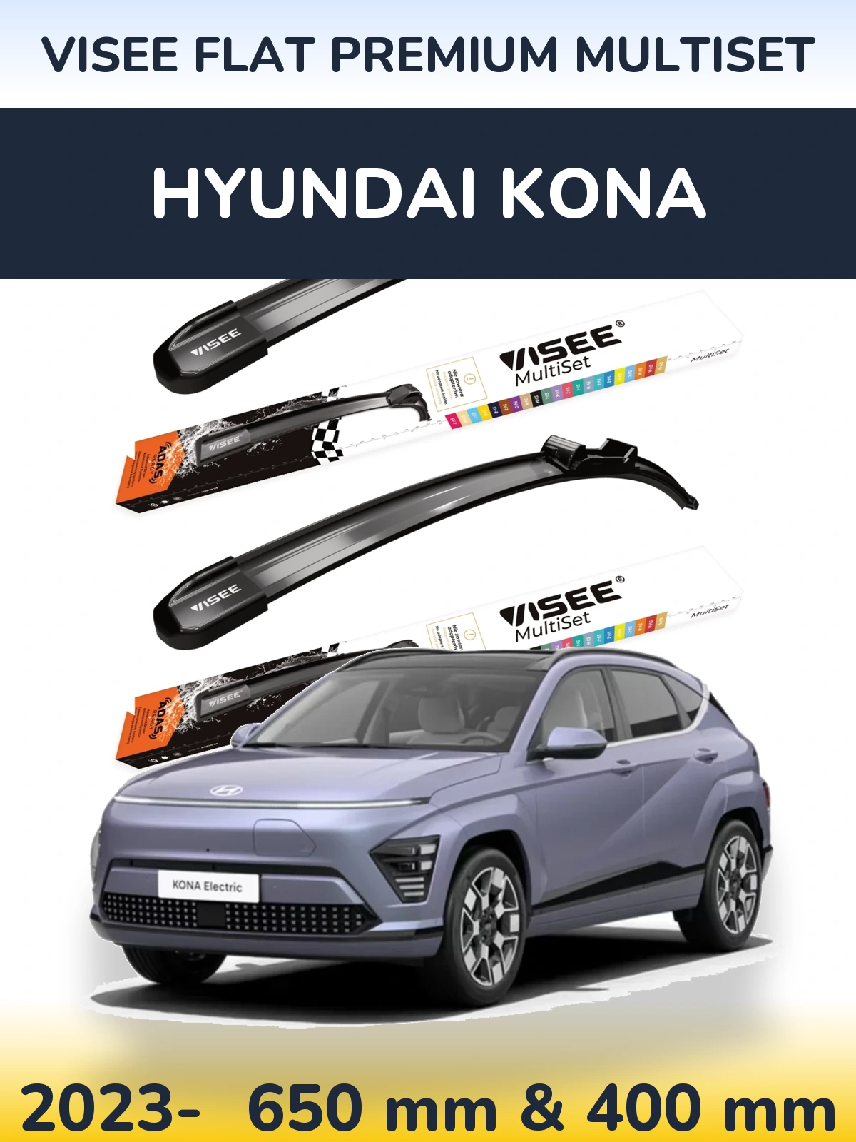 Komplet przednich wycieraczek VISEE FLAT PREMIUM MultiSet 650 & 400 mm do Hyundai Kona 2023-2026