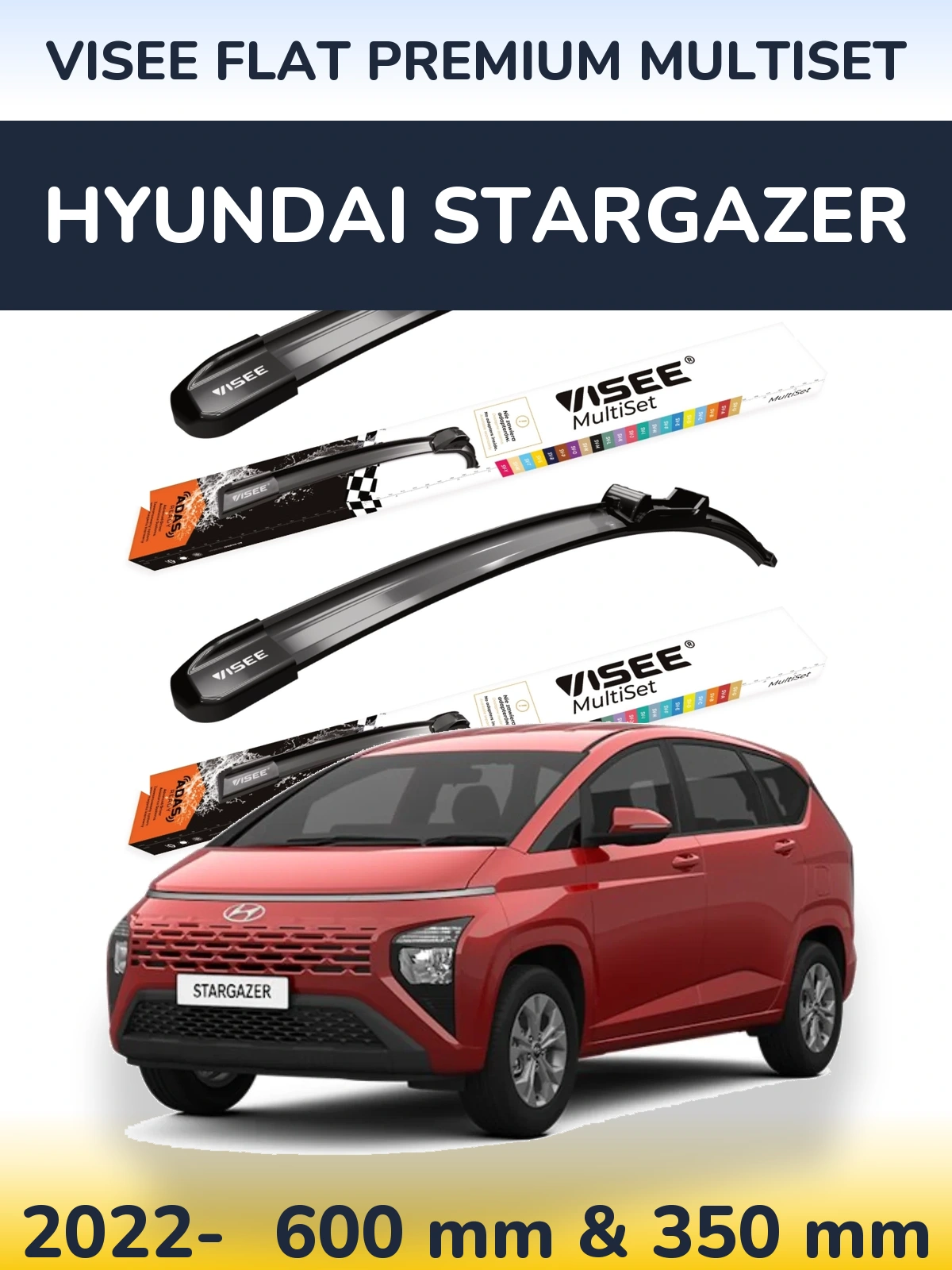 Komplet przednich wycieraczek VISEE FLAT PREMIUM MultiSet 600 & 350 mm do Hyundai Stargazer 2022-2026