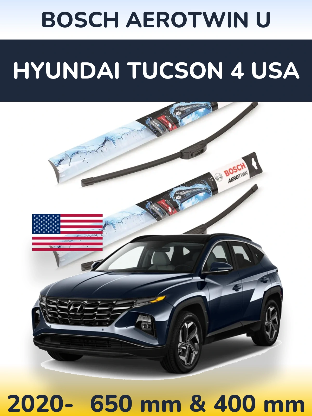 Komplet przednich wycieraczek BOSCH AeroTwin U 650 & 400 mm do Hyundai Tucson 4 USA 2020-2026