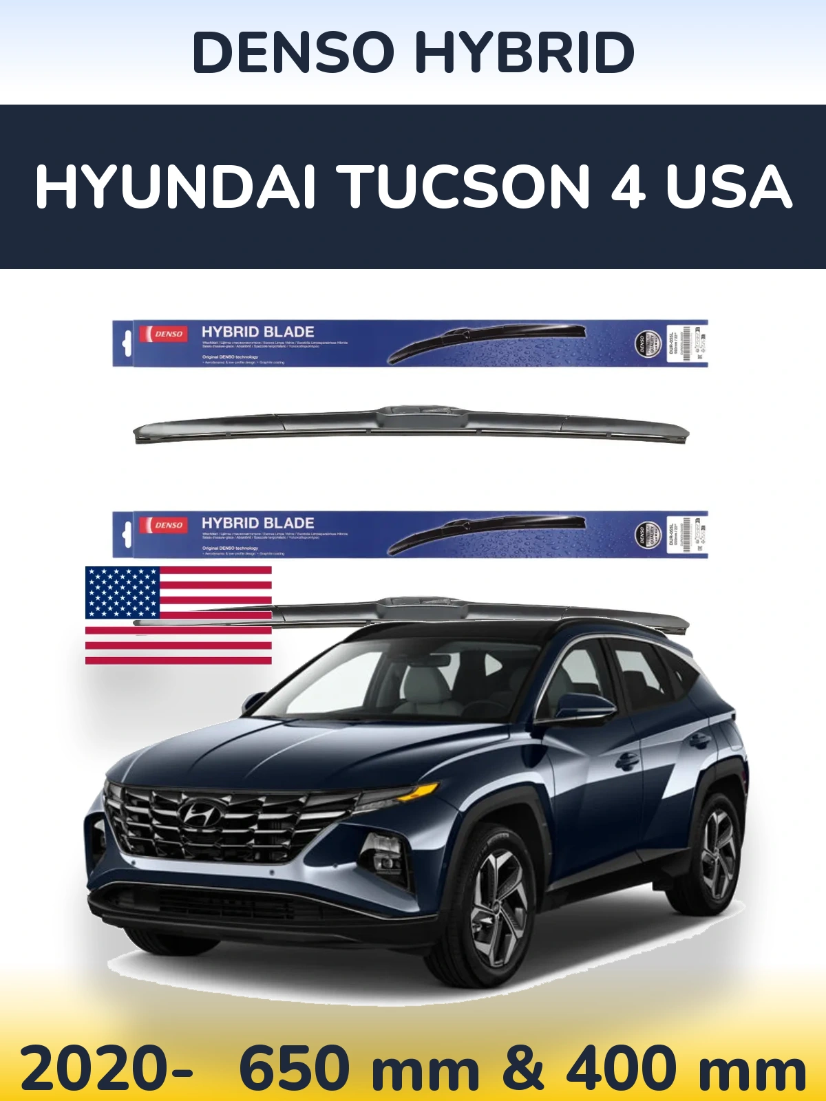 Комплект передних дворников Denso Hybrid 650 & 400 мм для Hyundai Tucson 4 USA 2020-2026