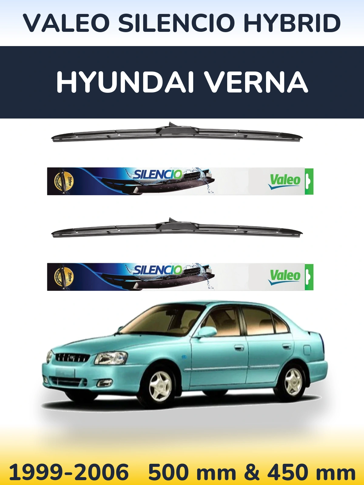 Komplet przednich wycieraczek Valeo Silencio Hybrid 500 & 450 mm do Hyundai Verna 1999-2006
