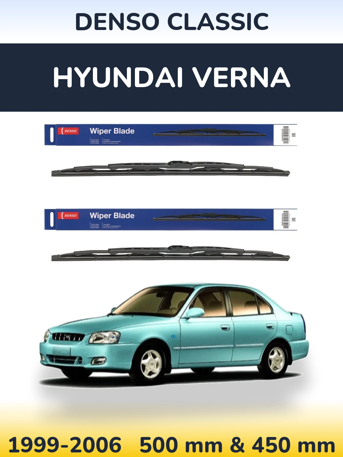 Front wiper blade set Denso Classic 500 & 450 mm for Hyundai Verna 1999-2006