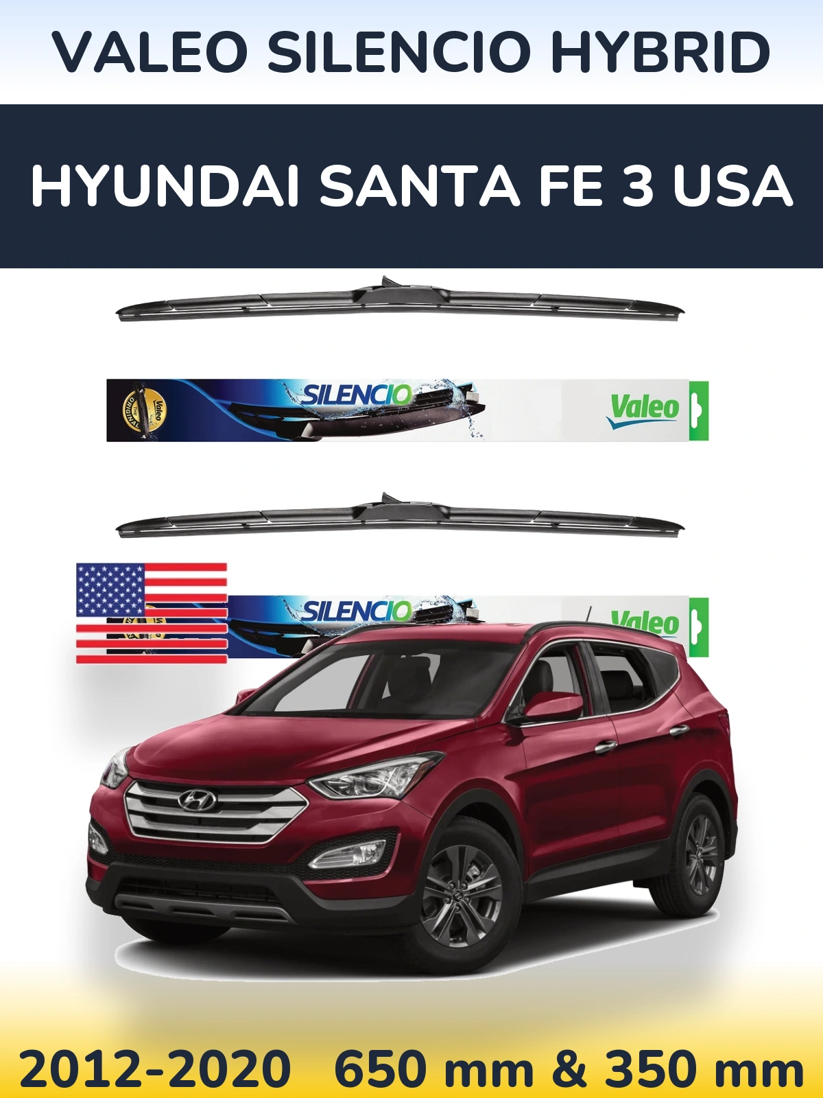 Front wiper blade set Valeo Silencio Hybrid 650 & 350 mm for Hyundai Santa Fe 3 USA 2012-2020