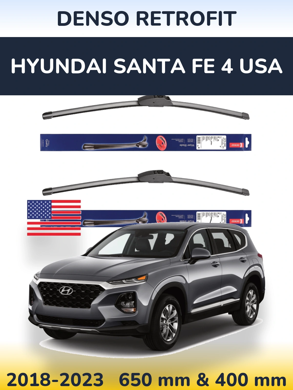Комплект передних дворников Denso Retrofit 650 & 400 мм для Hyundai Santa Fe 4 USA 2018-2023