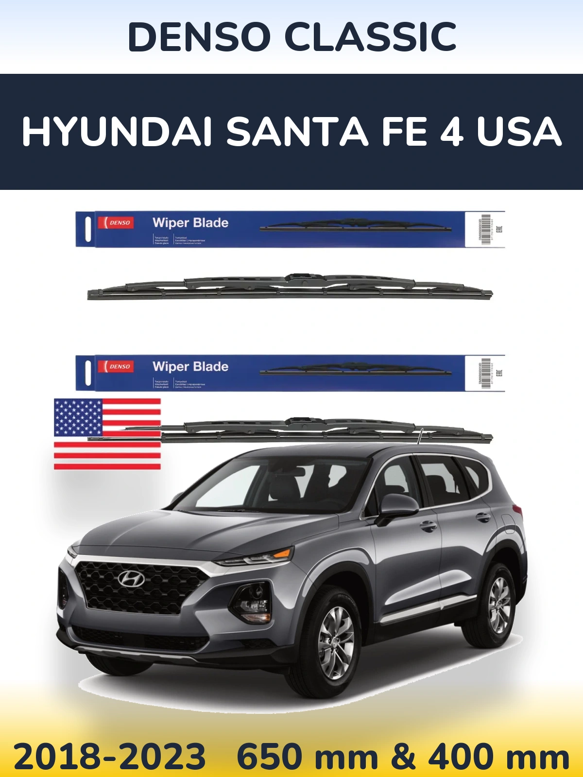 Front wiper blade set Denso Classic 650 & 400 mm for Hyundai Santa Fe 4 USA 2018-2023