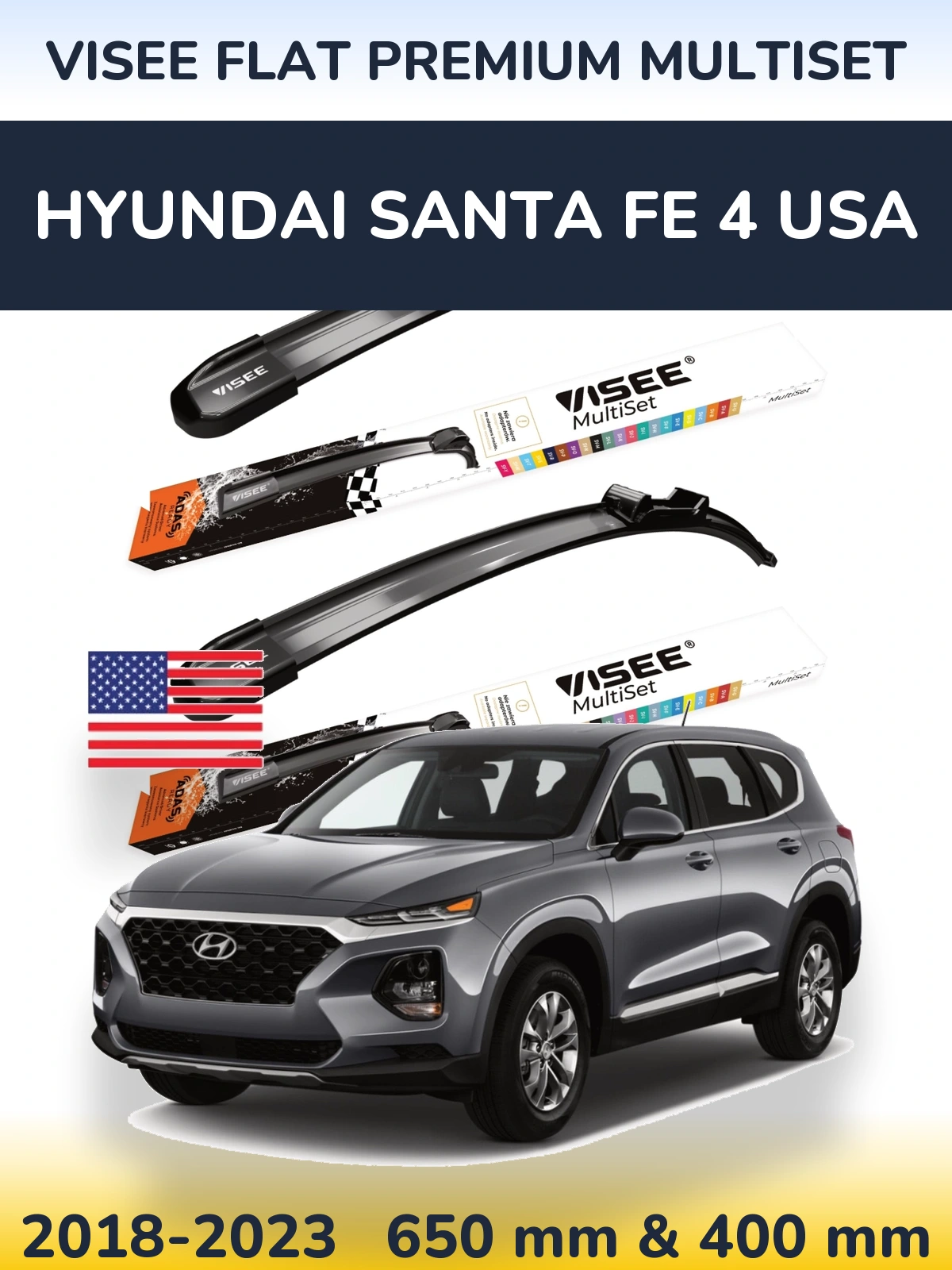Front wiper blade set VISEE FLAT PREMIUM MultiSet 650 & 400 mm for Hyundai Santa Fe 4 USA 2018-2023