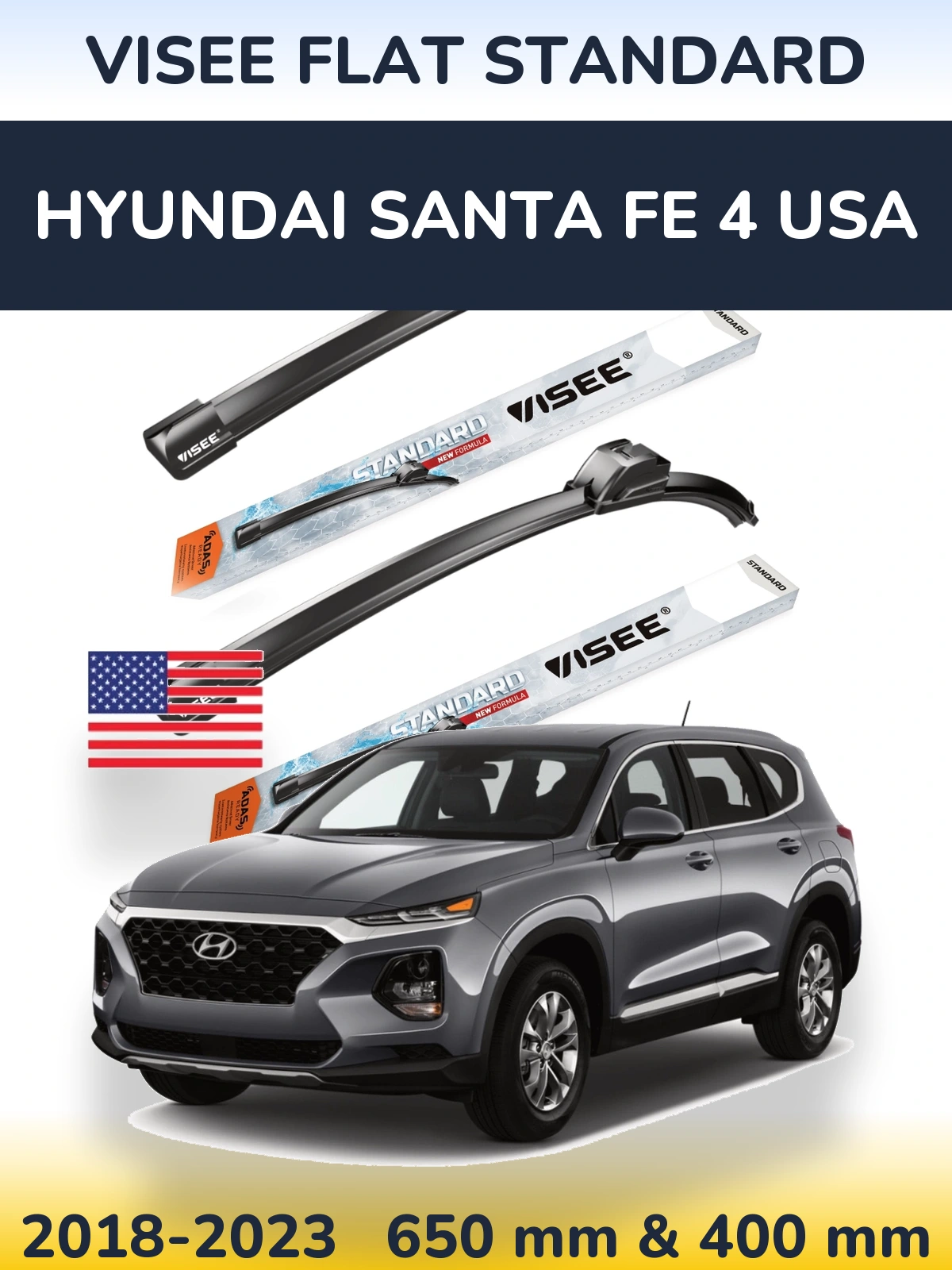 Front wiper blade set VISEE FLAT STANDARD 650 & 400 mm for Hyundai Santa Fe 4 USA 2018-2023
