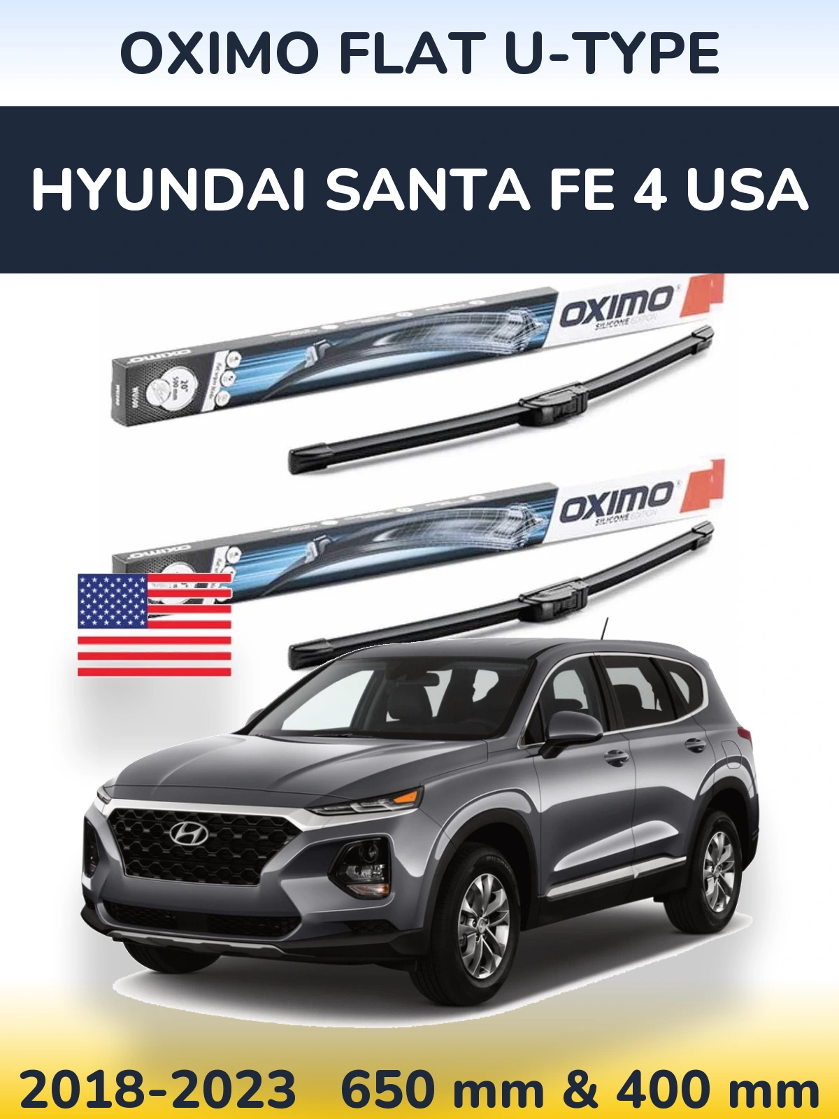 Komplet przednich wycieraczek Oximo Flat U-type 650 & 400 mm do Hyundai Santa Fe 4 USA 2018-2023