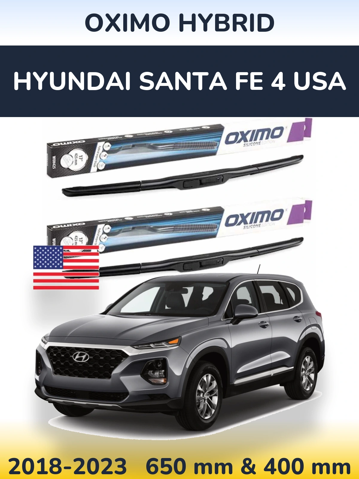 Komplet przednich wycieraczek Oximo Hybrid 650 & 400 mm do Hyundai Santa Fe 4 USA 2018-2023